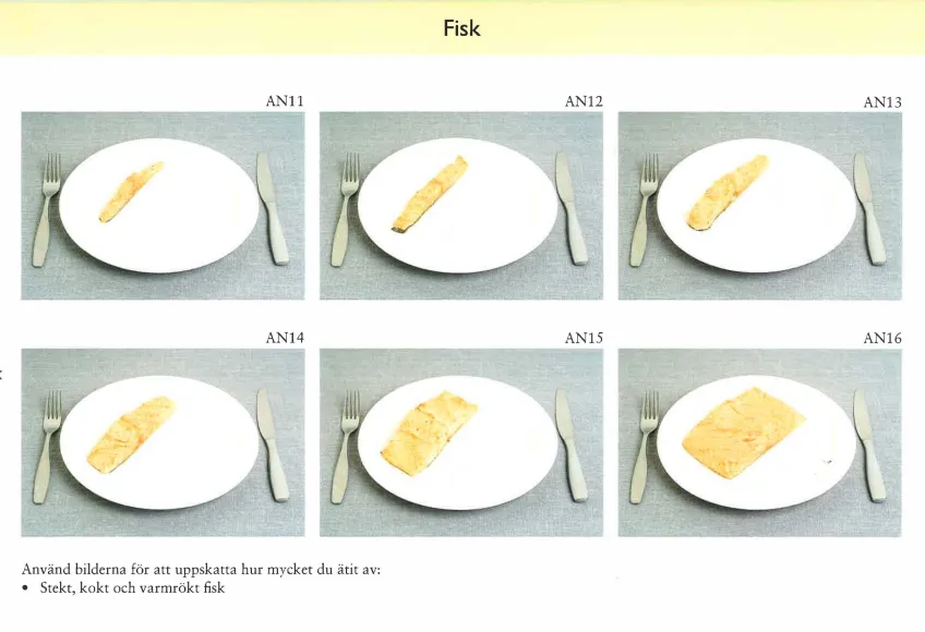 Bilder på olika portionsstorlekar av fisk